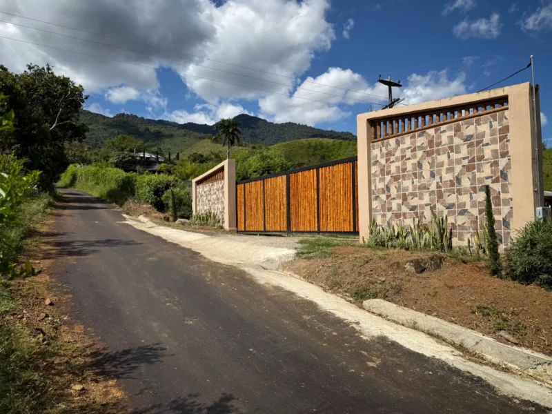 Portón de entrada de lujo en bambú guadua y acero en Colombia