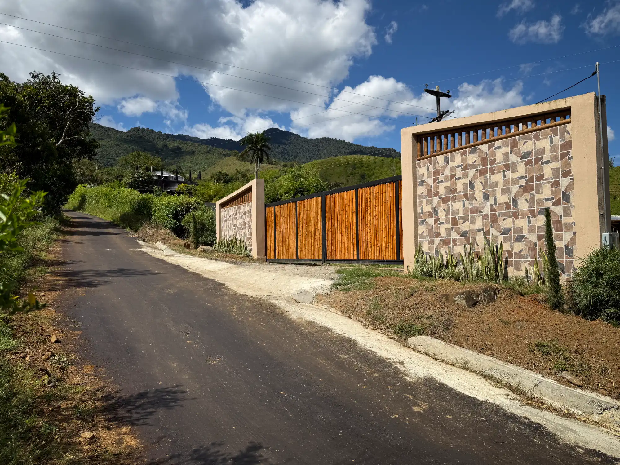Portón de entrada de lujo en bambú guadua y acero en Colombia