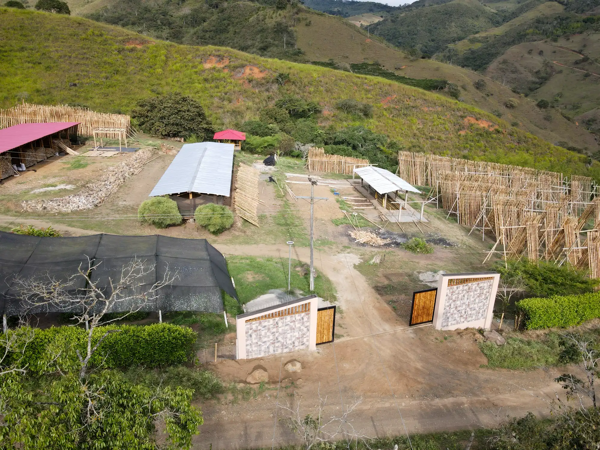 Portón de entrada de lujo en bambú guadua y acero en Colombia