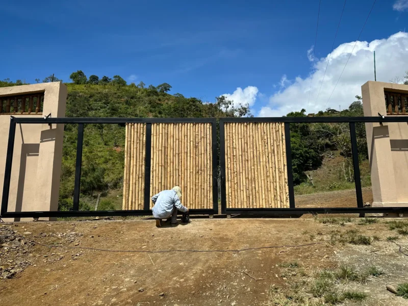 Portón de entrada de lujo en bambú guadua y acero en Colombia