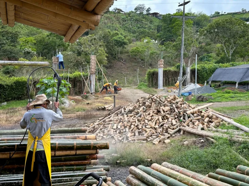 Portón de entrada de lujo en bambú guadua y acero en Colombia