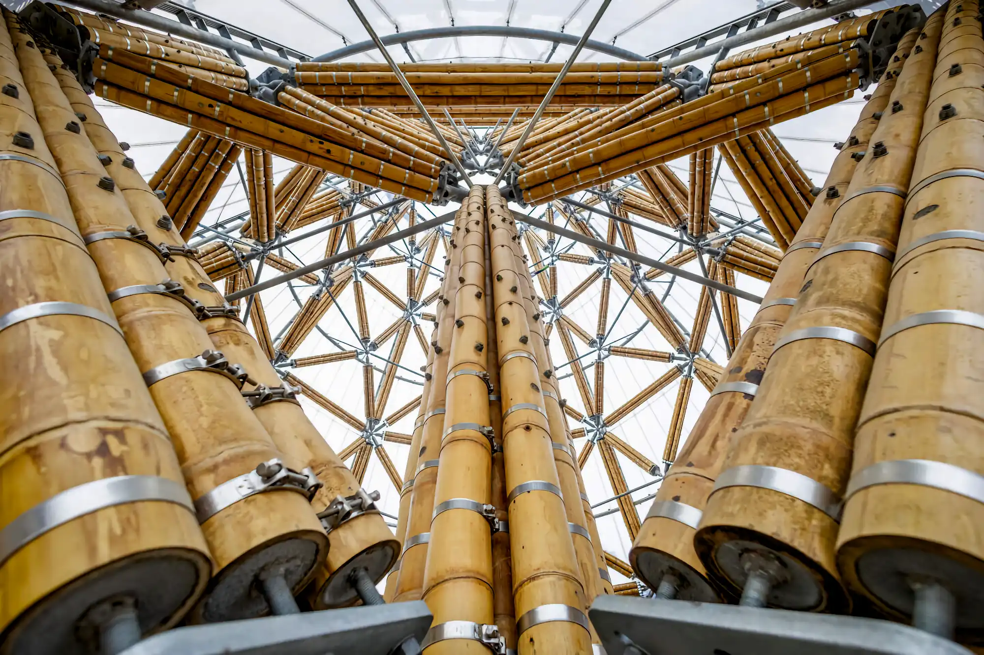 Detalle constructivo de la torre de bambú Guadua de 28 metros en Bélgica