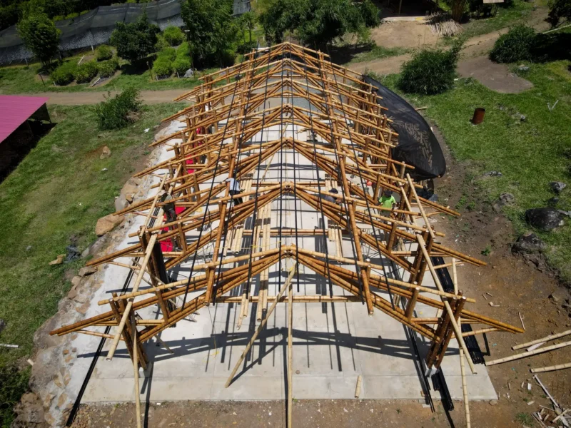 Vista aérea de la estructura completa (esqueleto) del pabellón de guadua
