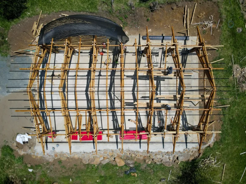 Vista aérea de la estructura completa (esqueleto) del pabellón de guadua