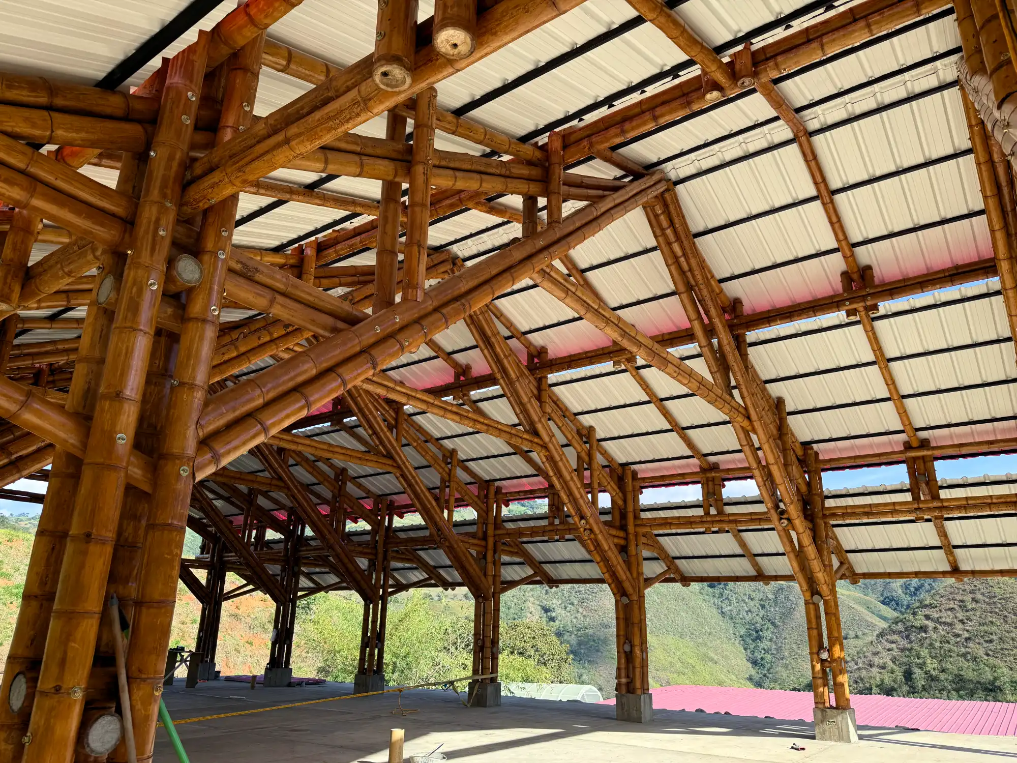 Vista interior de la estructura de guadua del pabellón "Tres Brisas" en el Valle del Cauca