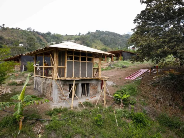 Construyendo la cabaña en Guadua para el baño seco