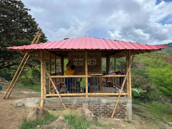 Instalación del techo para la cabaña en Guadua