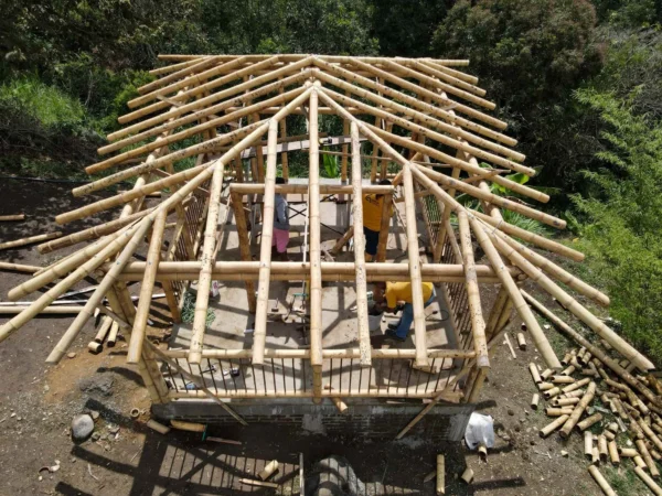 Construyendo la cabaña en Guadua para el baño seco