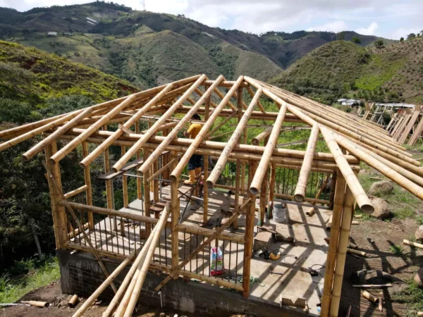 Construyendo la cabaña en Guadua para el baño seco