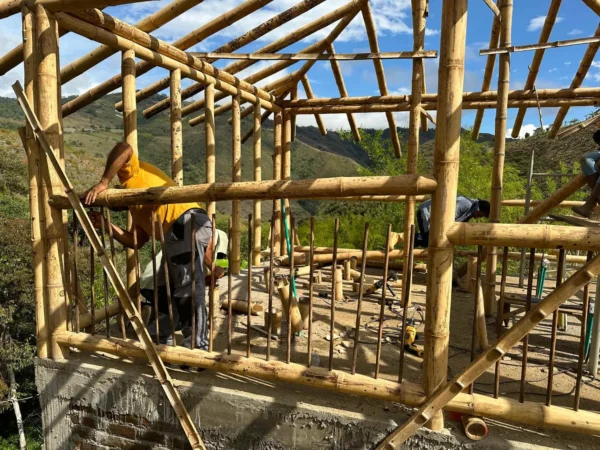 Construyendo la cabaña en Guadua para el baño seco