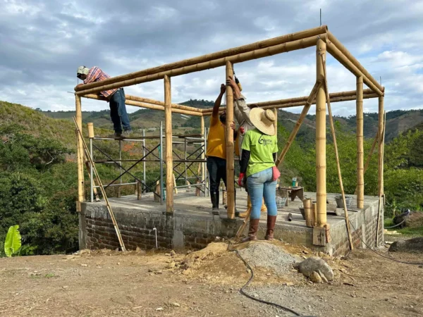 Construyendo la cabaña en Guadua para el baño seco