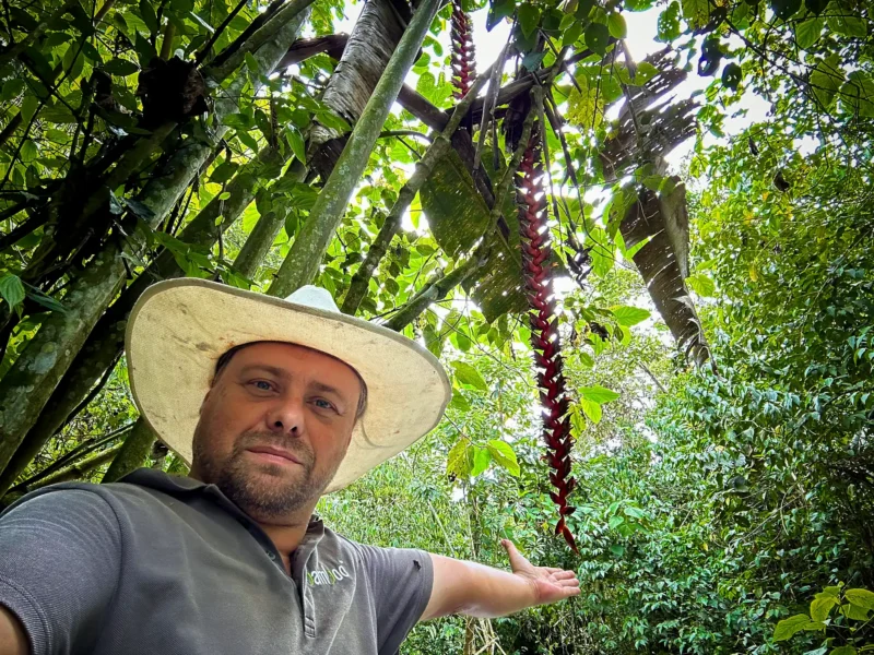 Stéphane Schröder junto a la Heliconia titanum de 13 metros en Hacienda Guadua Bamboo