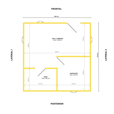 Plano de planta cabaña prefabricada modular BAMKIT 25 de 5x5m en bambú guadua con 1 alcoba y baño