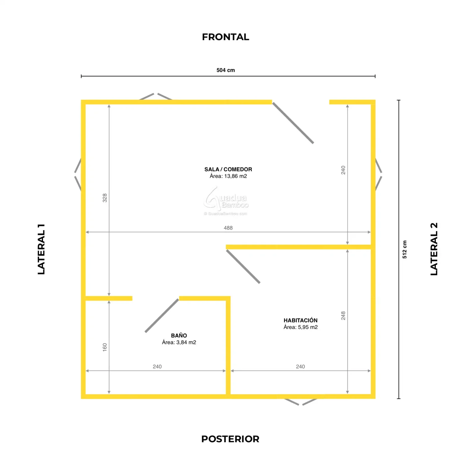 Plano de Planta - BAMKIT 25 - Cabaña - 1 Alcoba Plano de planta cabaña prefabricada modular BAMKIT 25 de 5x5m en bambú guadua con 1 alcoba y baño