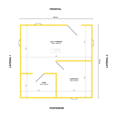 Plano de planta cabaña prefabricada modular BAMKIT 25 de 5x5m en bambú guadua con 1 alcoba y baño
