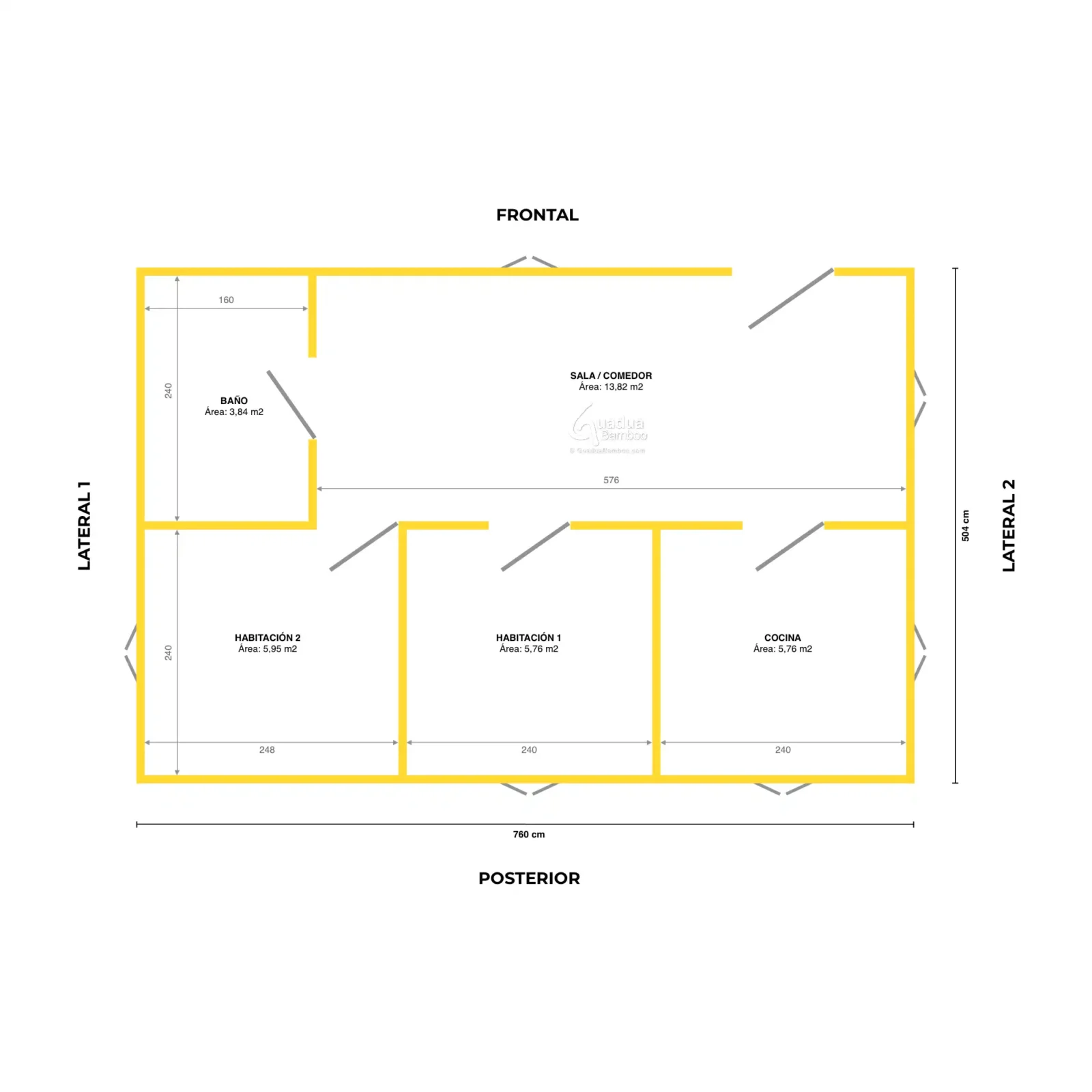 Plano de planta casa prefabricada modular BAMKIT 38 m2 en bambú guadua con 2 alcobas, baño y cocina