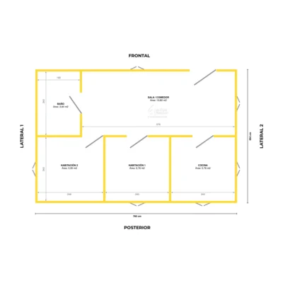 Plano de planta casa prefabricada modular BAMKIT 38 m2 en bambú guadua con 2 alcobas, baño y cosina