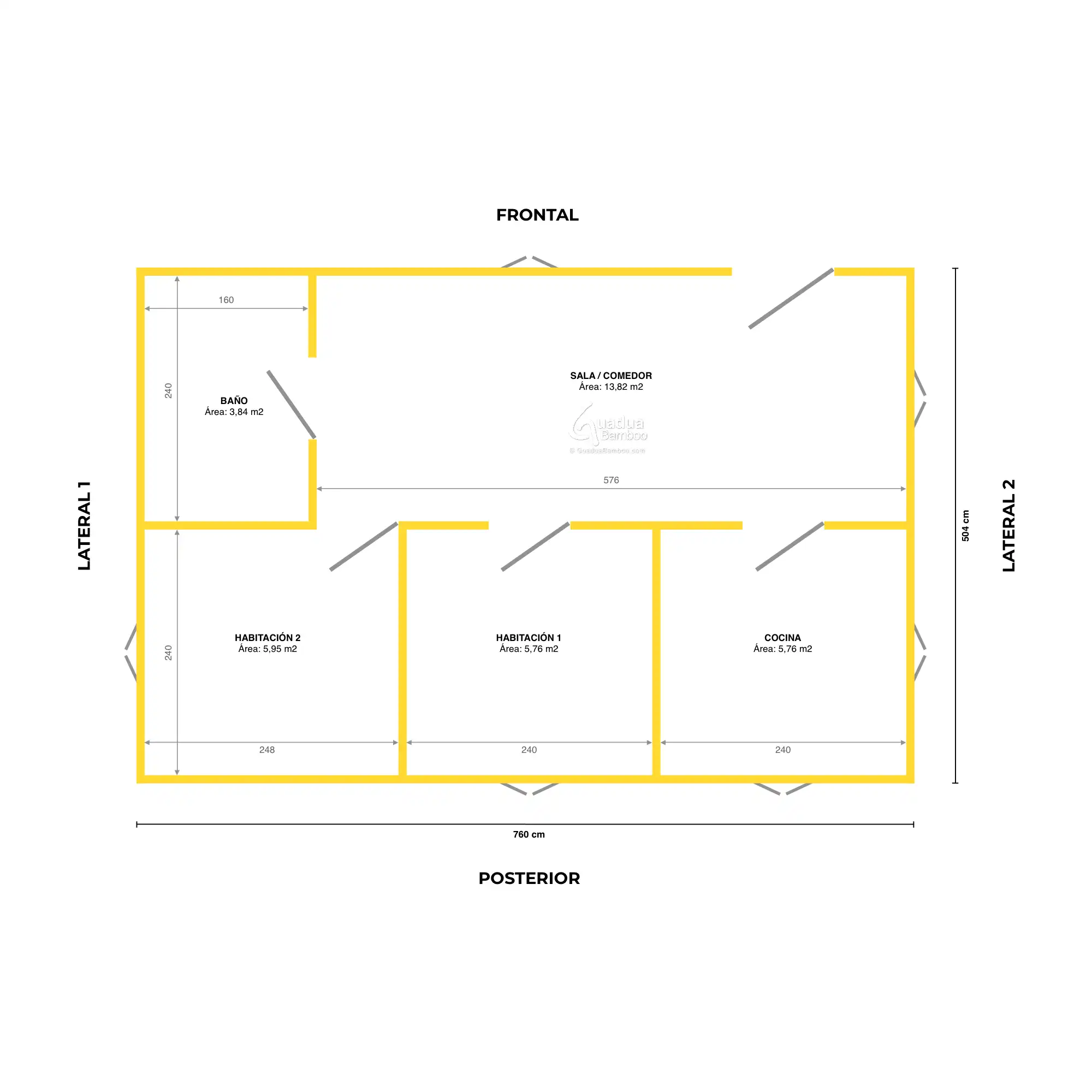 Plano de planta casa prefabricada modular BAMKIT 38 m2 en bambú guadua con 2 alcobas, baño y cocina