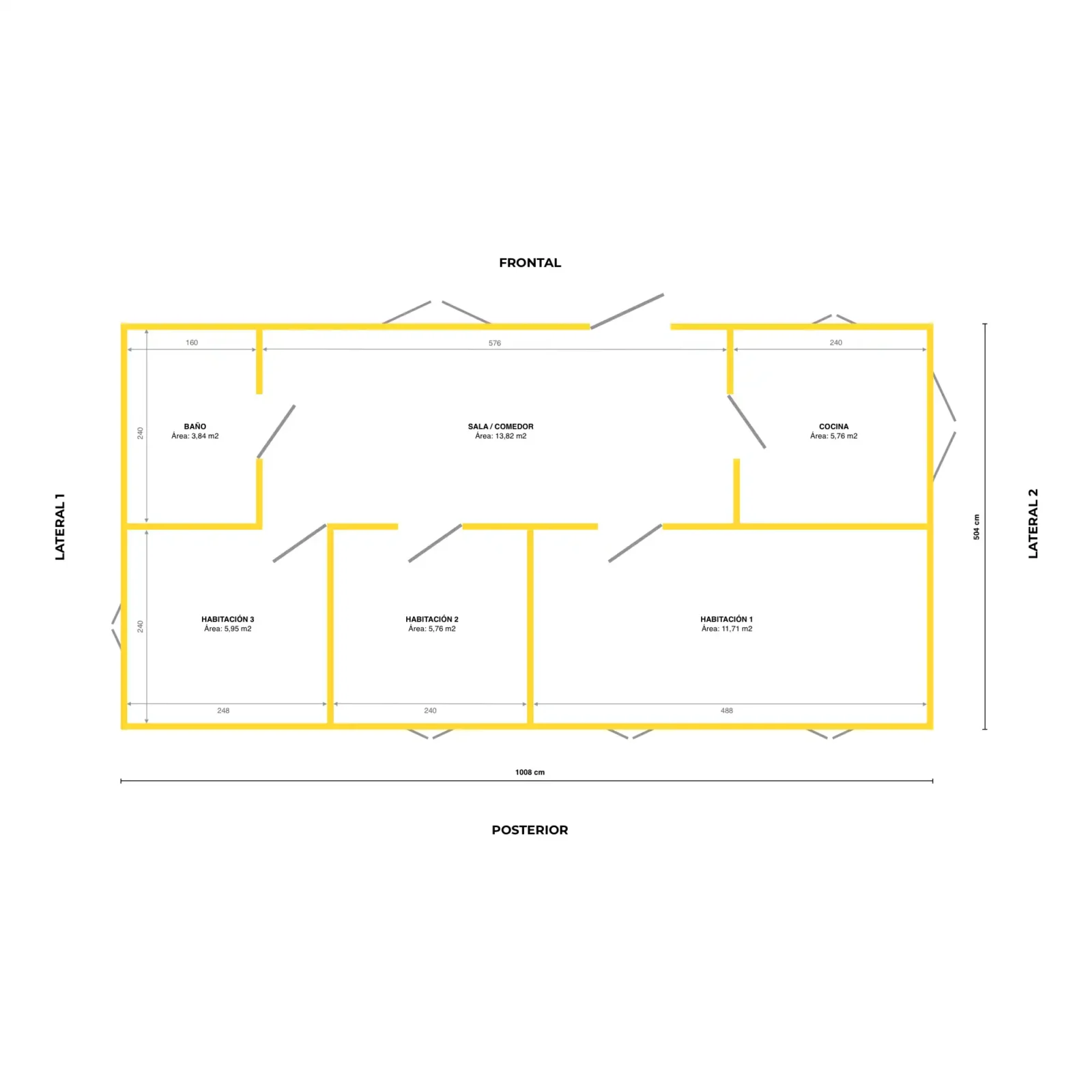 Plano de planta casa prefabricada modular BAMKIT 50 m2 en bambú guadua con 3 alcobas, baño y cocina