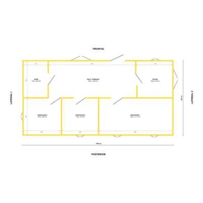 Plano de planta casa prefabricada modular BAMKIT 50 m2 en bambú guadua con 3 alcobas, baño y cocina